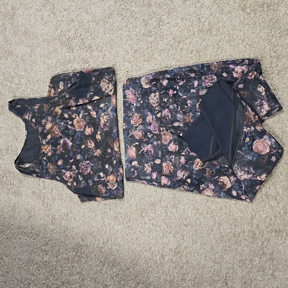 Lululemon Wunder Under Crop II Scallop Pant/Top Set Frosted Rose Multi /Melanite